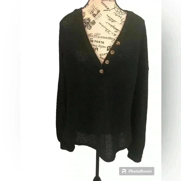 Heyson Womens 1XL Black Open Knit Pebbled Blouse Vneck Stretch - Picture 1 of 5